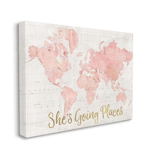 Stupell Industries She's Going Places Pink Watercolor World Map Canvas Wall Art